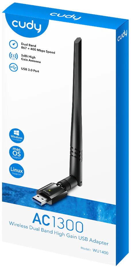 Adapter Cudy AC1300 , Wireless DUAL BAND 2.4Ghz/5Ghz , Black , WU1400 - Image 2