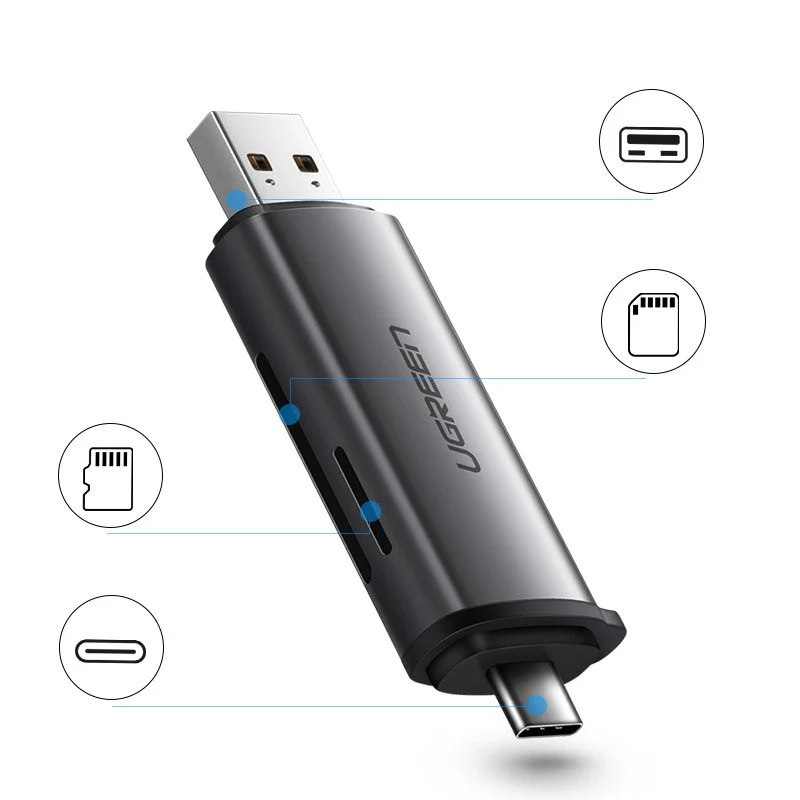 Adapter Ugreen Card Reader SD and Micro 2in1 with USB-A and USB-C 3.1 Gen1 up to 5Gbps , with lanyard , OTG , 4cm , Space Gray , 50706 - Image 3
