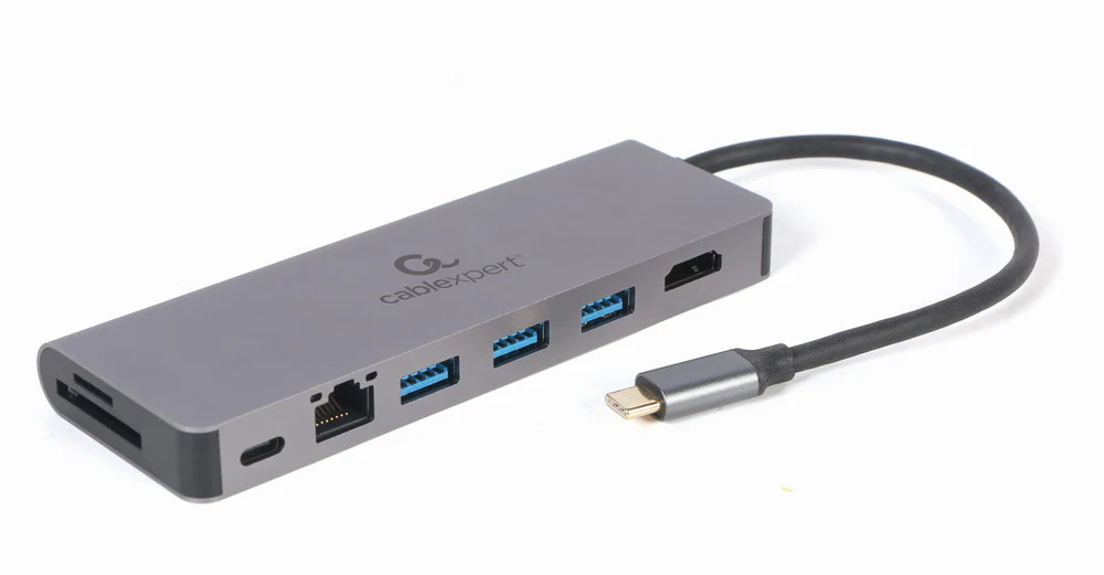 Adapter USB-C Gembird Cablexpert USB-C to USB-C PD 100W , 3x USB-A 3.2 Gen1 , 1x HDMI up to 4k , 1x RJ45 Gigabit Ethernet , 1x SD , 1x MicroSD , 20cm , A-CM-COMBO5-05