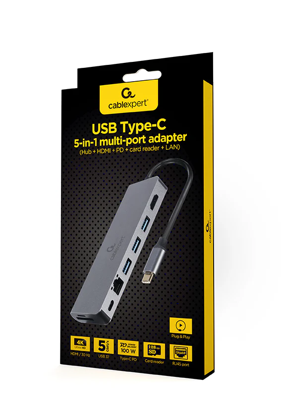 Adapter USB-C Gembird Cablexpert USB-C to USB-C PD 100W , 3x USB-A 3.2 Gen1 , 1x HDMI up to 4k , 1x RJ45 Gigabit Ethernet , 1x SD , 1x MicroSD , 20cm , A-CM-COMBO5-05 - Image 2