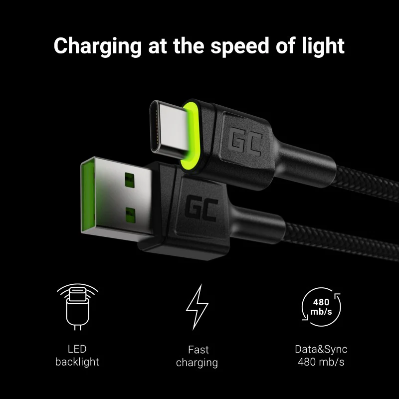Cable 1.2m , Green Cell USB-A to USB-C , Backlight Green LED , Black , KABGC06 - Image 3