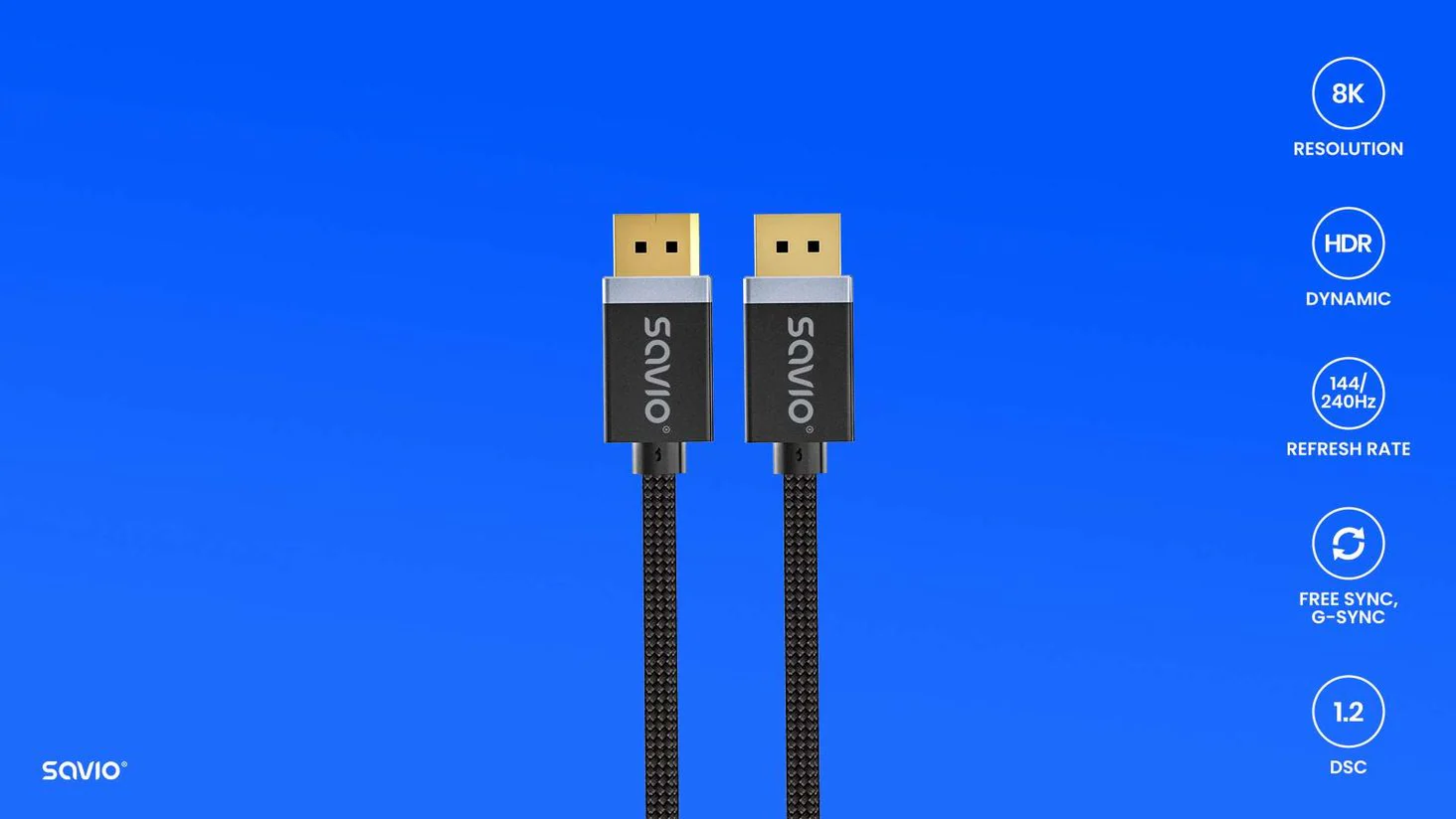Cable DisplayPort  Savio , Version 1.4 , up to 8k , Braided Black , 2m , CL-166 - Image 2