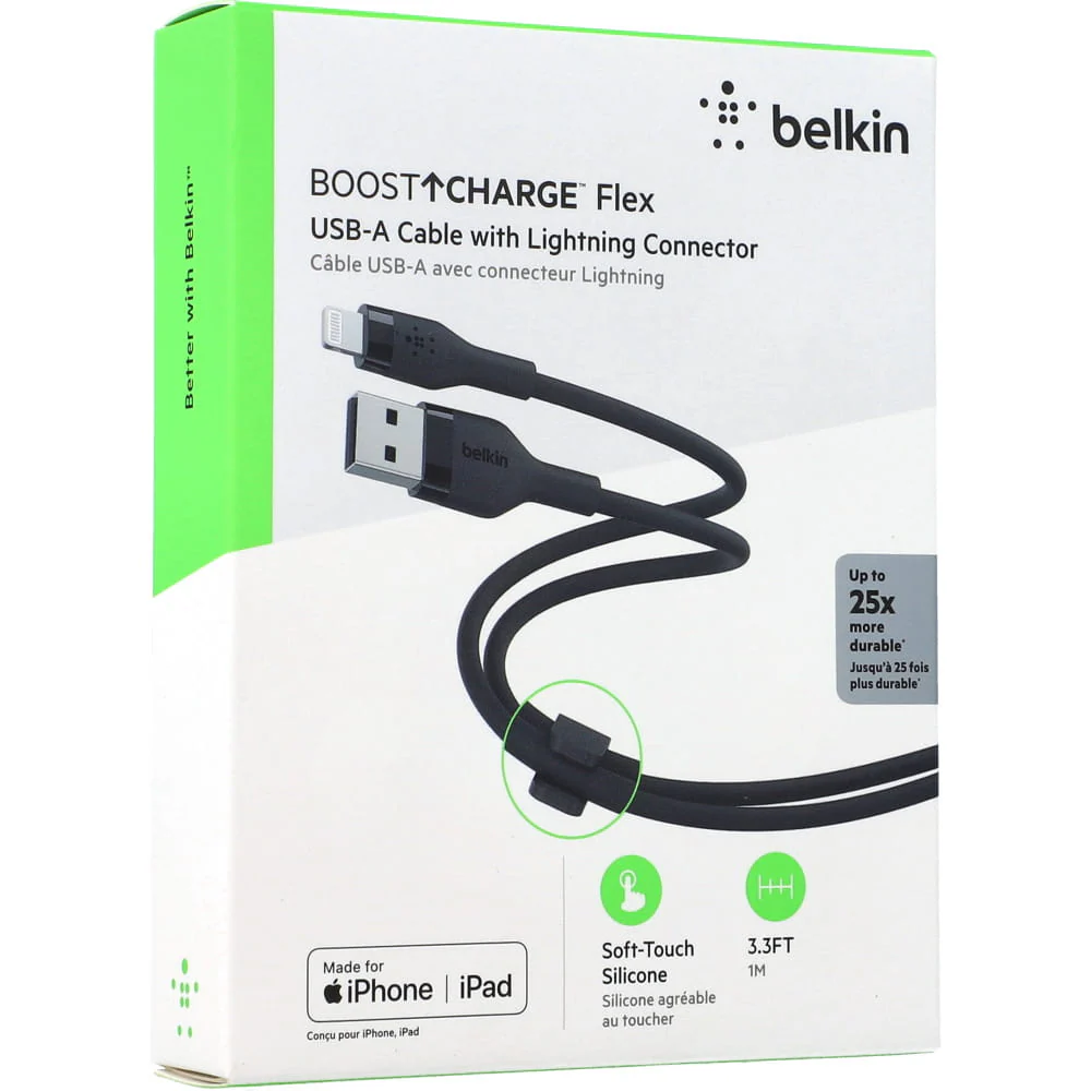 Cable USB-A  Belkin BoostCharge Flex , USB-A to Lightning , 1m , Black , CAA008BT1MBK