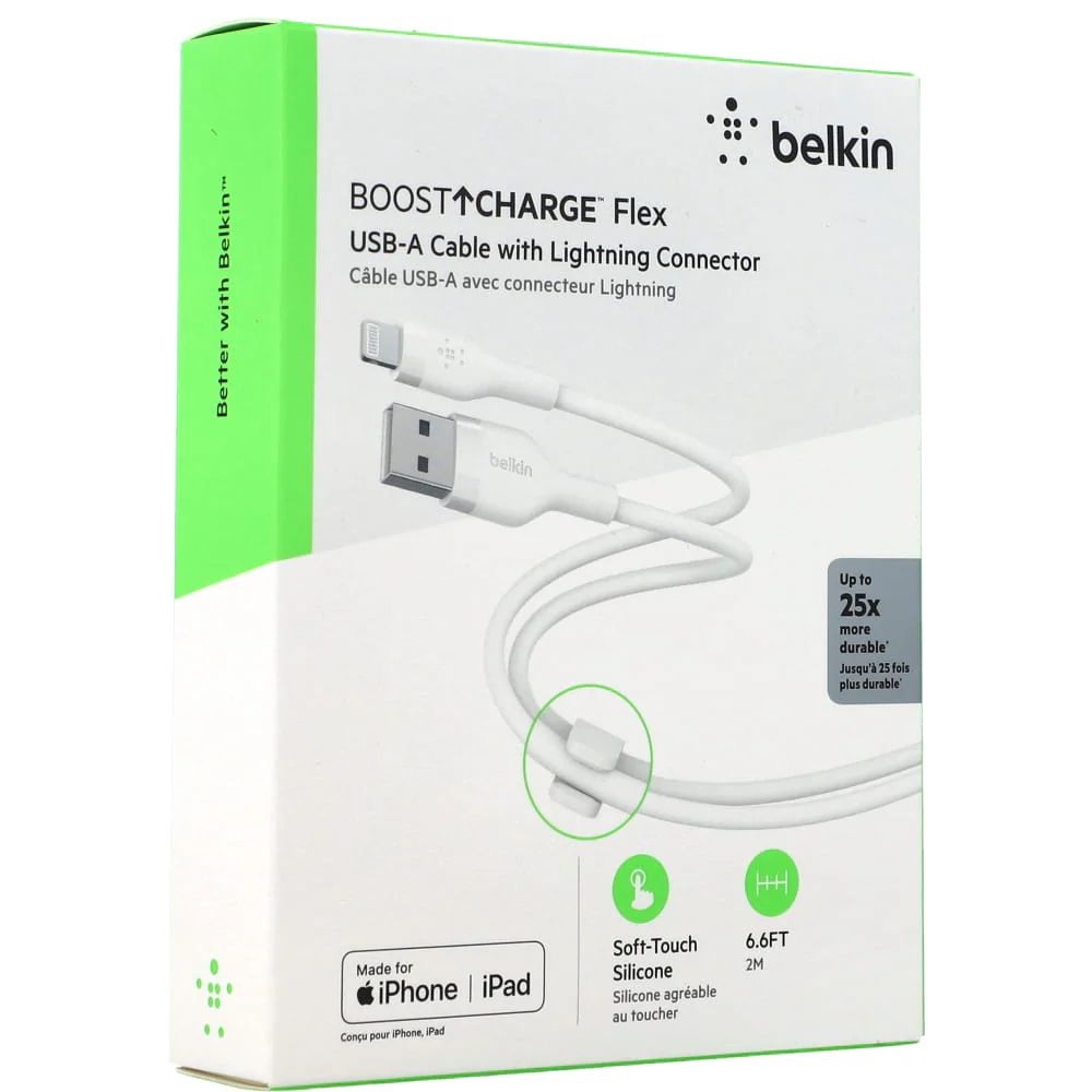 Cable USB-A  Belkin BoostCharge Flex , USB-A to Lightning , 2m , White , CAA008BT2MWH