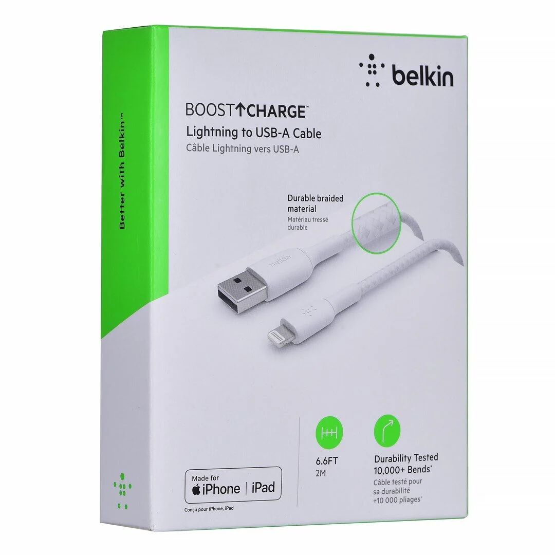 Cable USB-A  Belkin BoostCharge , USB-A to Lightning , 2m , Braided White , CAA002BT2MWH