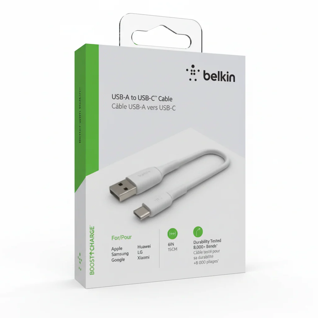 Cable USB-A Belkin BoostCharge , USB-A to USB-C , 15cm , White , CAB001BT0MWH