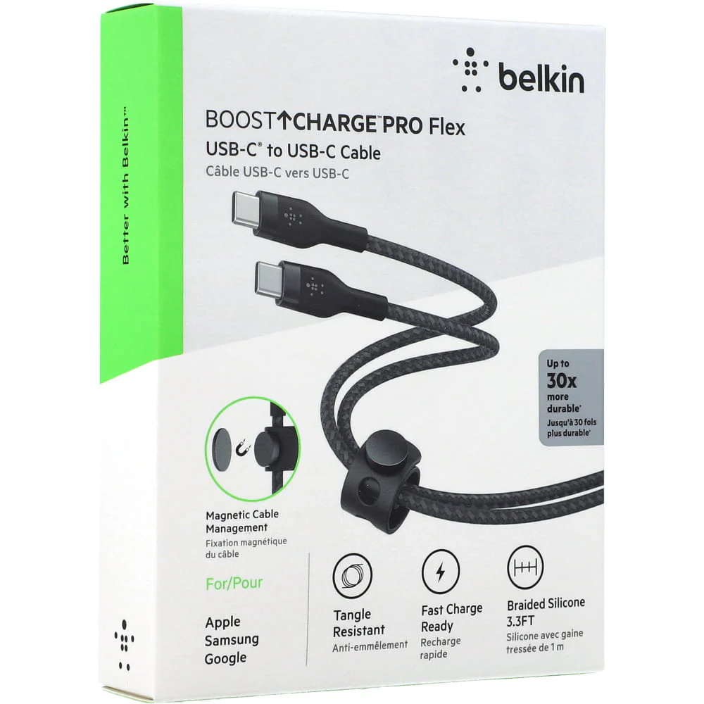 Cable USB-C Belkin BoostCharge PRO Flex , USB-C to USB-C up to 60W , Braided , 1m , Braided Black , CAB011BT1MBK