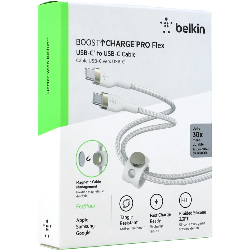 Cable USB-C  Belkin BoostCharge PRO Flex , USB-C to USB-C up to 60W , Braided , 1m , Braided White , CAB011BT1MWH