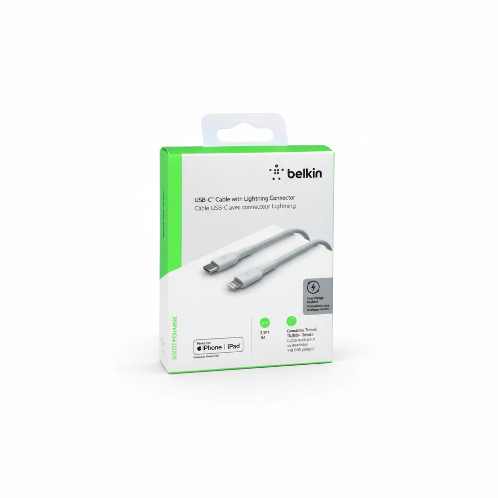 Cable USB-C Belkin BoostCharge , USB-C to Lightning , 1m , Braided White , CAA004BT1MWH