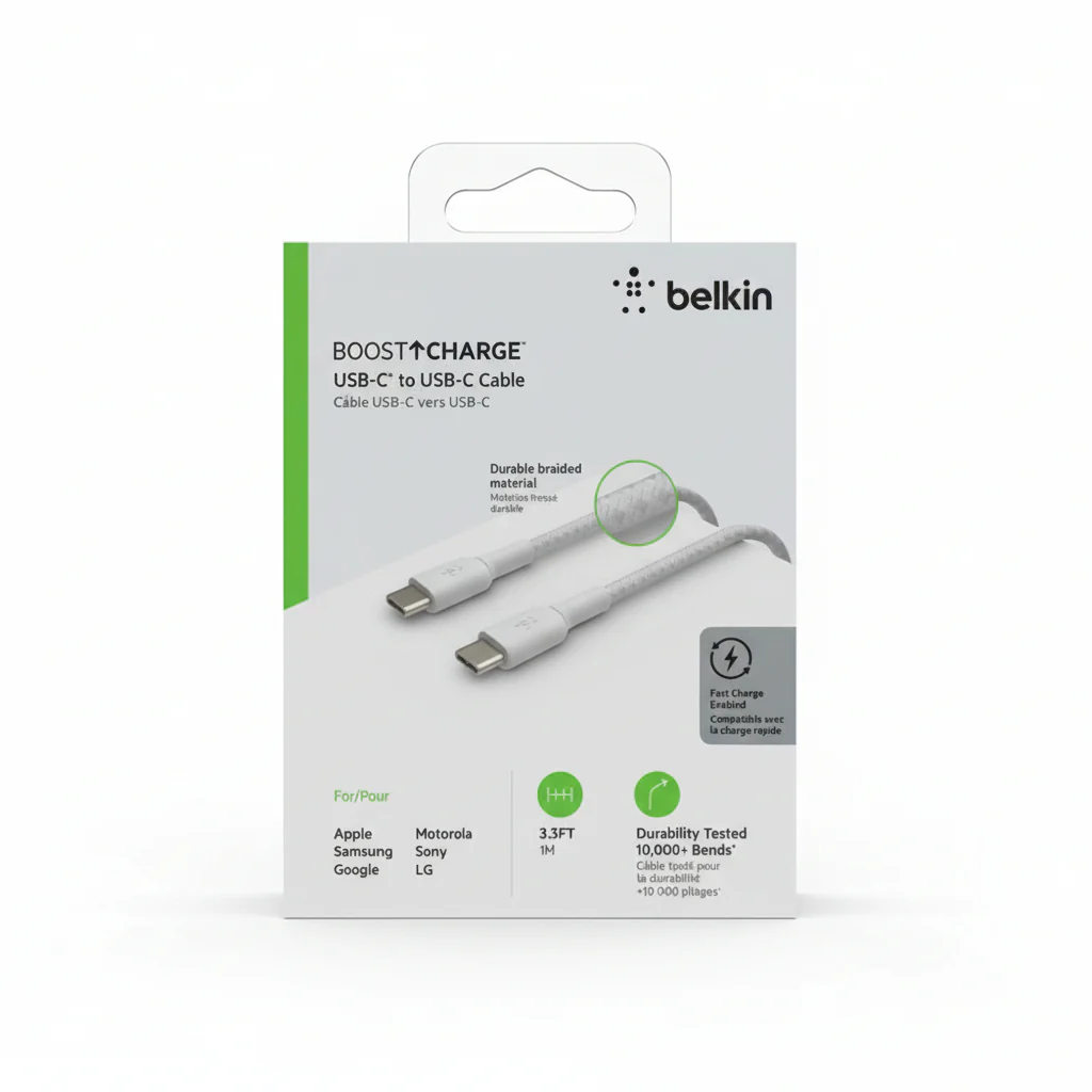 Cable USB-C  Belkin BoostCharge , USB-C to USB-C , 1m , Braided White , CAB004BT1MWH