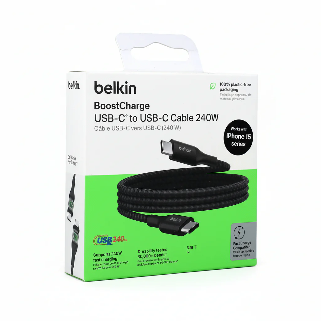 Cable USB-C Belkin BoostCharge , USB-C to USB-C up to 240W , 1m , Braided Black , CAB015BT1MBK