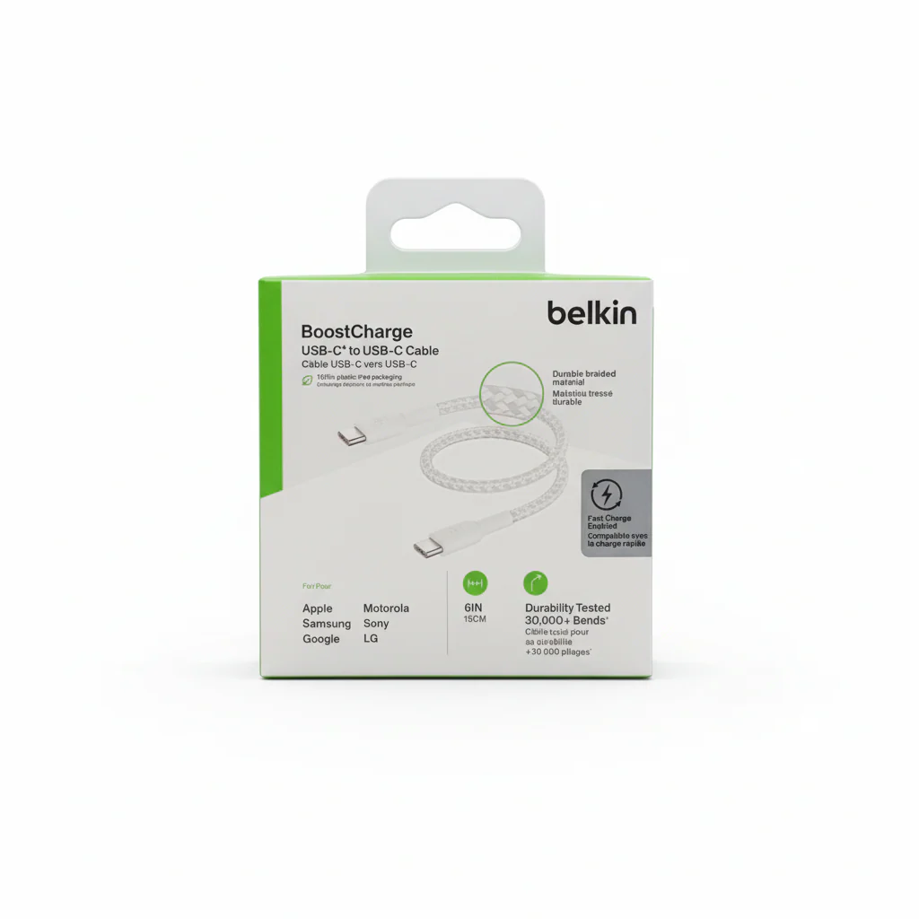Cable USB-C Belkin BoostCharge , USB-C to USB-C up to 60W , 0.15m , Braided White , CAB004bt0MWH
