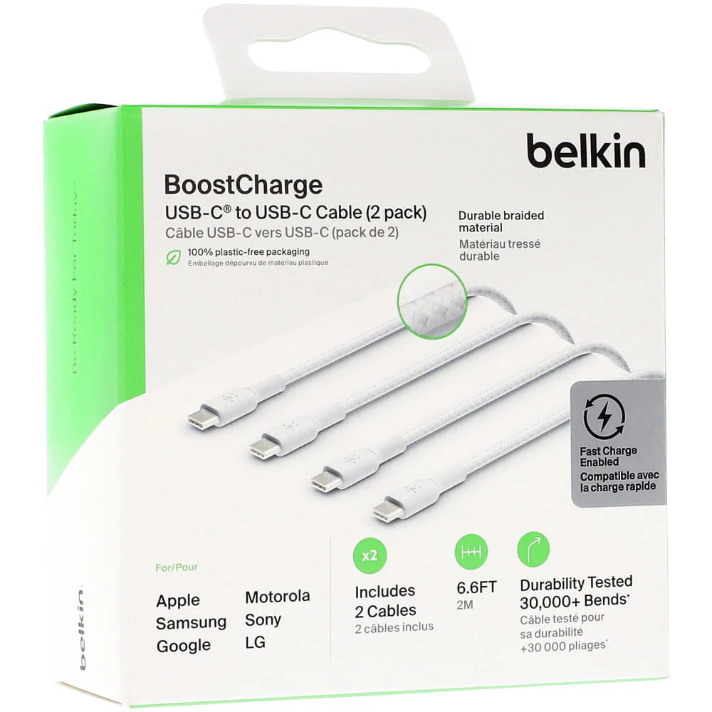 Cable USB-C to USB-C Belkin BoostCharge up to 60W , Charging and data sync , White , 2m , 2-Pack , CAB004BT2MWH2PK - Image 2