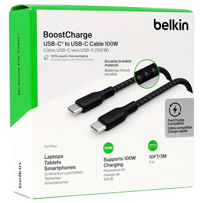Cable USB-C to USB-C  Belkin , up to 100 Watt with 20V/5A , Charging and data sync , Braided Nylon Black , 3m , BEL-0029 - Image 2