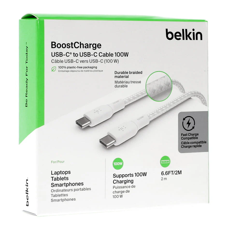 Cable USB-C to USB-C  Belkin , up to 100 Watt with 20V/5A , Charging and data sync , Braided Nylon White , 2m , BEL-0031 - Image 2