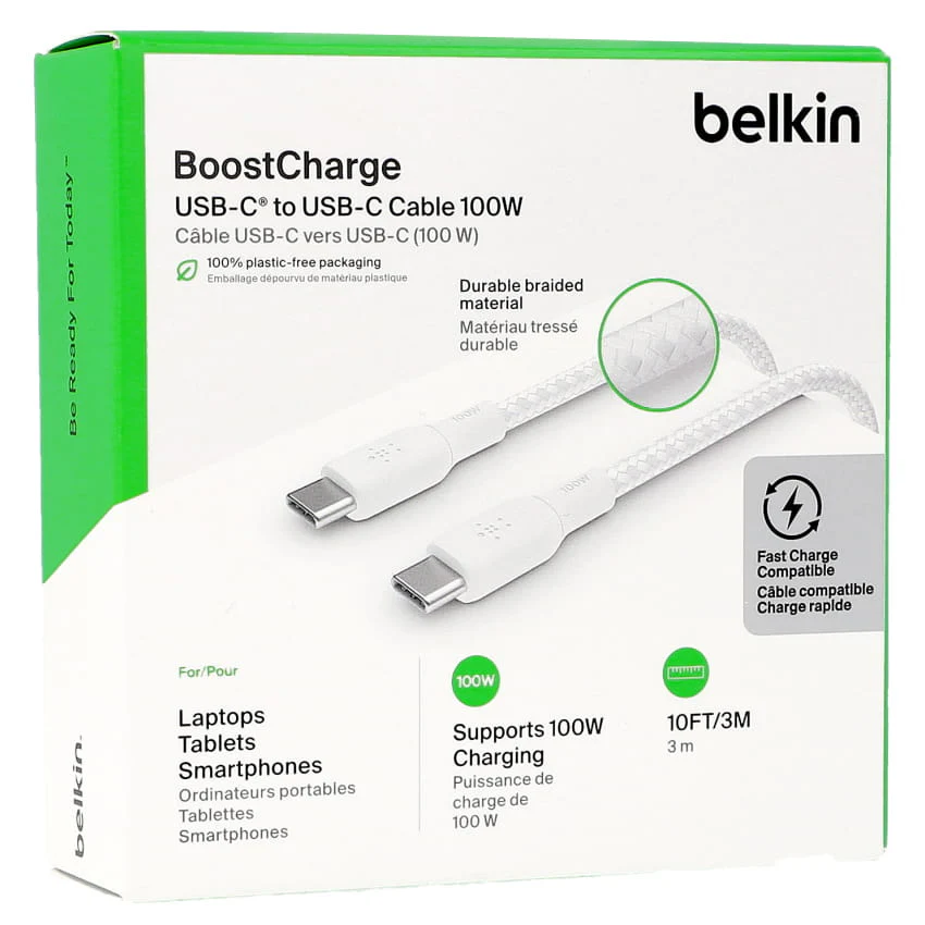 Cable USB-C to USB-C  Belkin , up to 100 Watt with 20V/5A , Charging and data sync , Braided Nylon White , 3m , BEL-0024 - Image 2