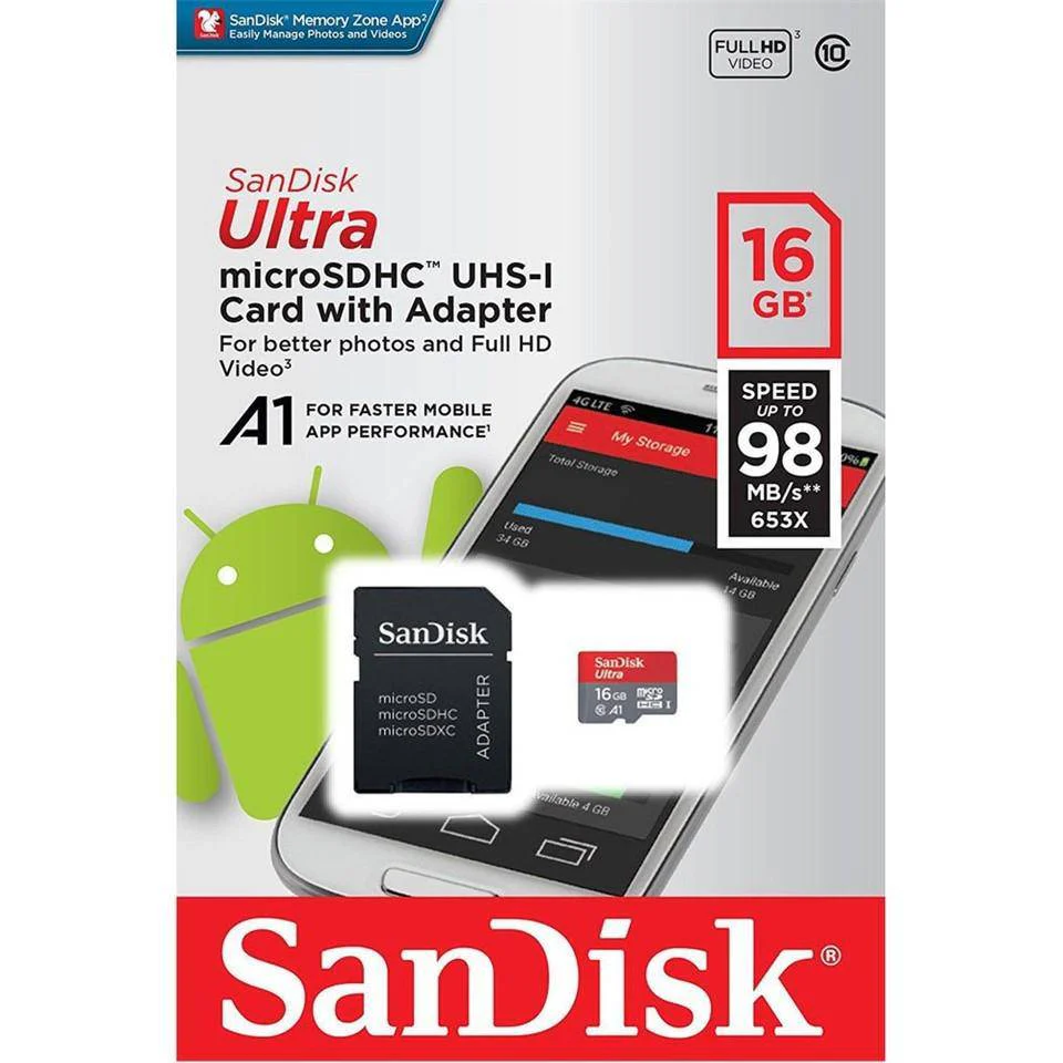 Card MicroSDHC 16GB SanDisk Ultra Android + SD Adapter + Memory Zone App 98Mb/S A1 C10 Uhs-I [16134]