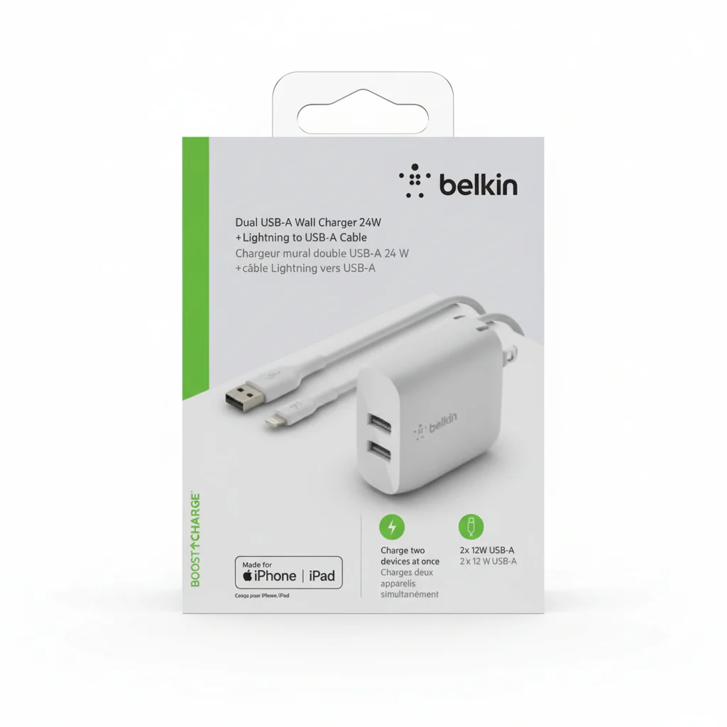 Charger 24W Belkin BoostCharger Dual USB-A , 2x USB-A ip to 24W 1x USB-A to USB-C Cable 1m , White , WCE001VF1MWH