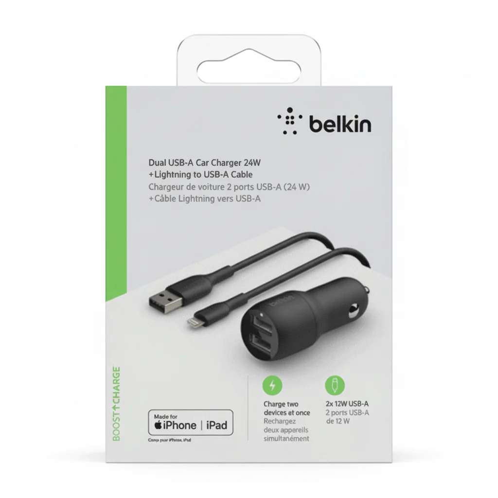 Charger 24W  Belkin Dual USB-A Car Charger , 1x USB-A to Lightning Cable 1m , Black , CCB001BTBK