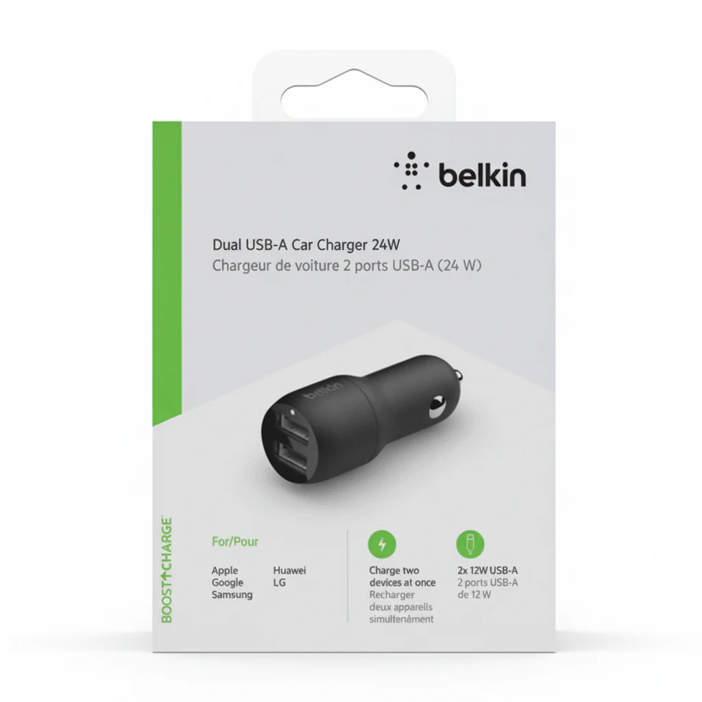 Charger 24W Belkin Dual USB-A Car Charger , Black , CCB001BTBK