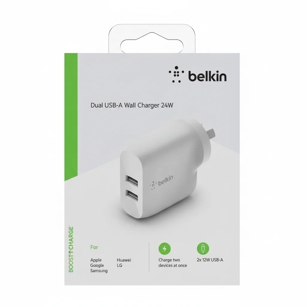 Charger 24W  Belkin Dual USB-A Wall Charger ,  2x 12W USB-A , White , WCB002VFWH