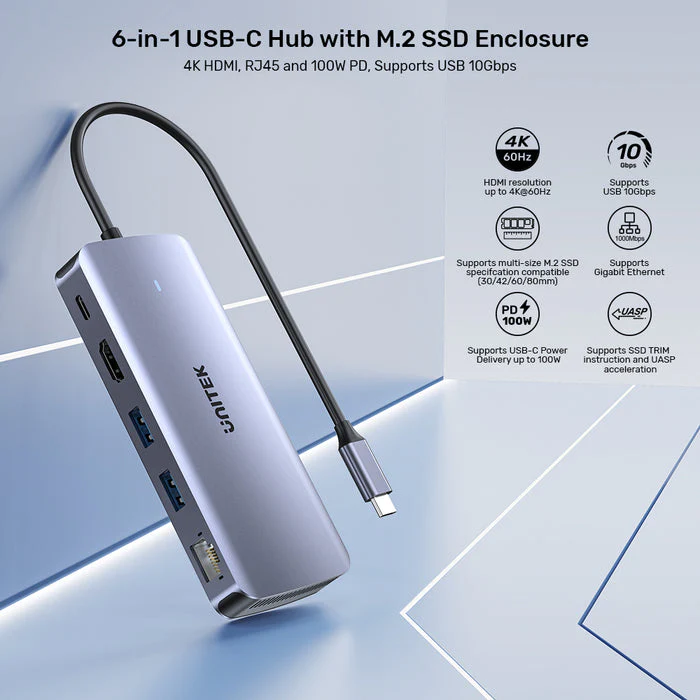 Dock USB-C Unitek Active HUB , USB-C to USB-C HDMI 4K 60fps USB-A RJ45 Ethernet M.2 NVMe , D1120A01 - Image 5