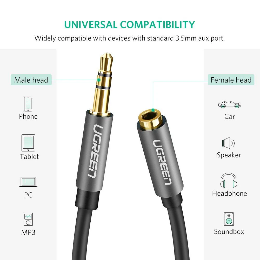 Extension Cable Ugreen , Audio Cable Jack 3.5mm , 3m , AUX , Black , 10595 - Image 3
