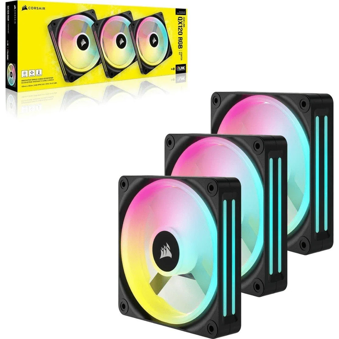 Fan 3x 120mm Corsair iCUE LINK QX120 ARGB 120mm PWM , up to 2,400 RPM Adjustable , Airflow 107 m3/h , Premium Edition , with iCUE LINK System Hub + Cable , Black , CO-9051002-WW - Image 2