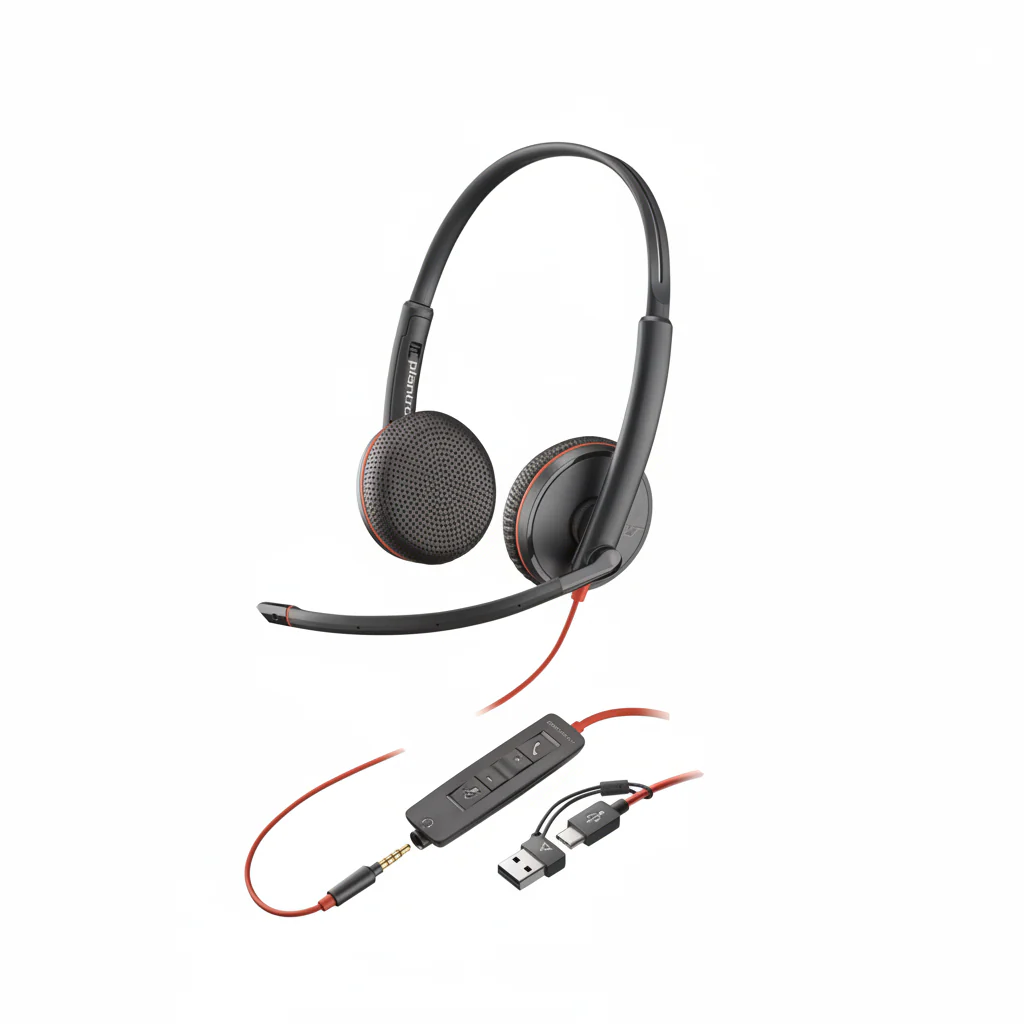 Headset Poly Plantronics Blackwire 3225 , Wired Headband Office/Call Center , Audio Jack 1m + USB-A cable 1m + USB-C Adapter , 8X229A6