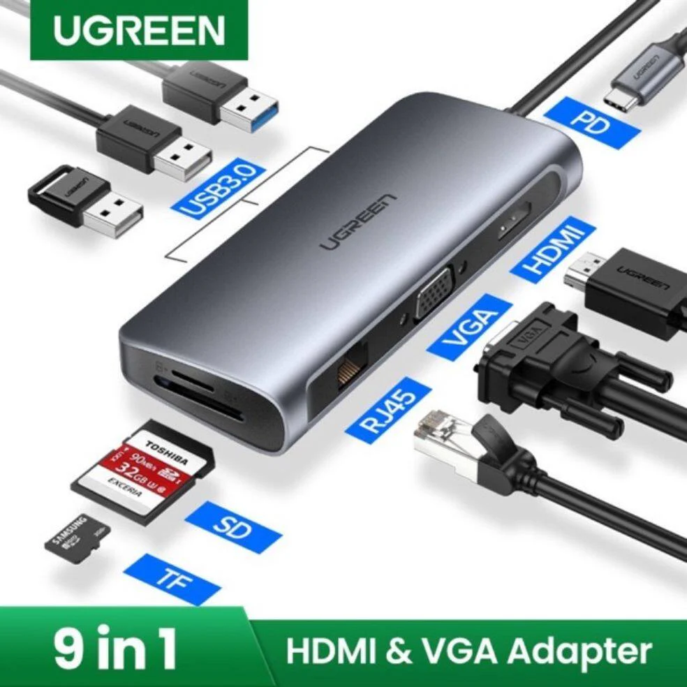 HUB Ugreen 9in1 USB-C 3.1 to 1x HDMI , 1x VGA , 1x Gigabit RJ45 Ethernet , 3x USB-A 3.0 , 1x SD Reader , 1x MicroSD Reader , Silver , 40873 - Image 3