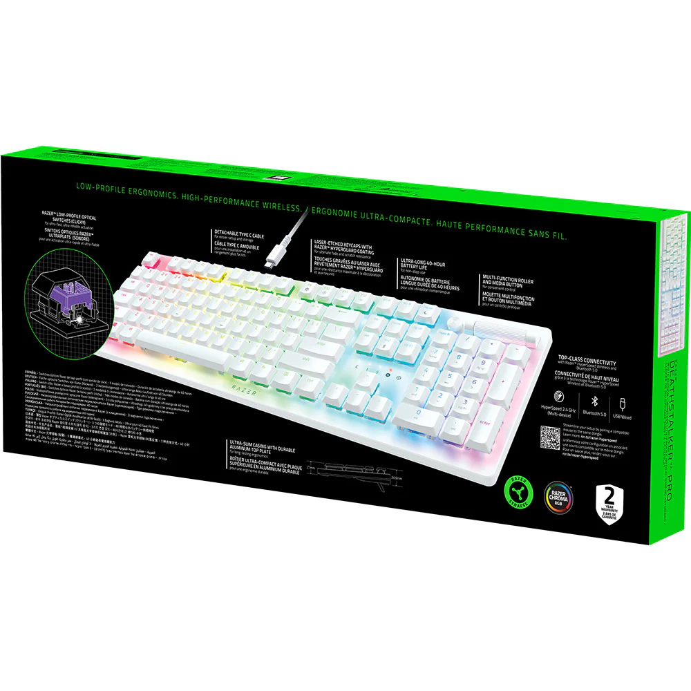 Keyboard Razer DEATHSTALKER V2 PRO , Wireless/Bluetooth , Low Profile , Chroma RGB , Clicky Optical Purple Switches , US Layout , Up to 40 hours Battery , White , RZ03-04363500-R3M1 - Image 3