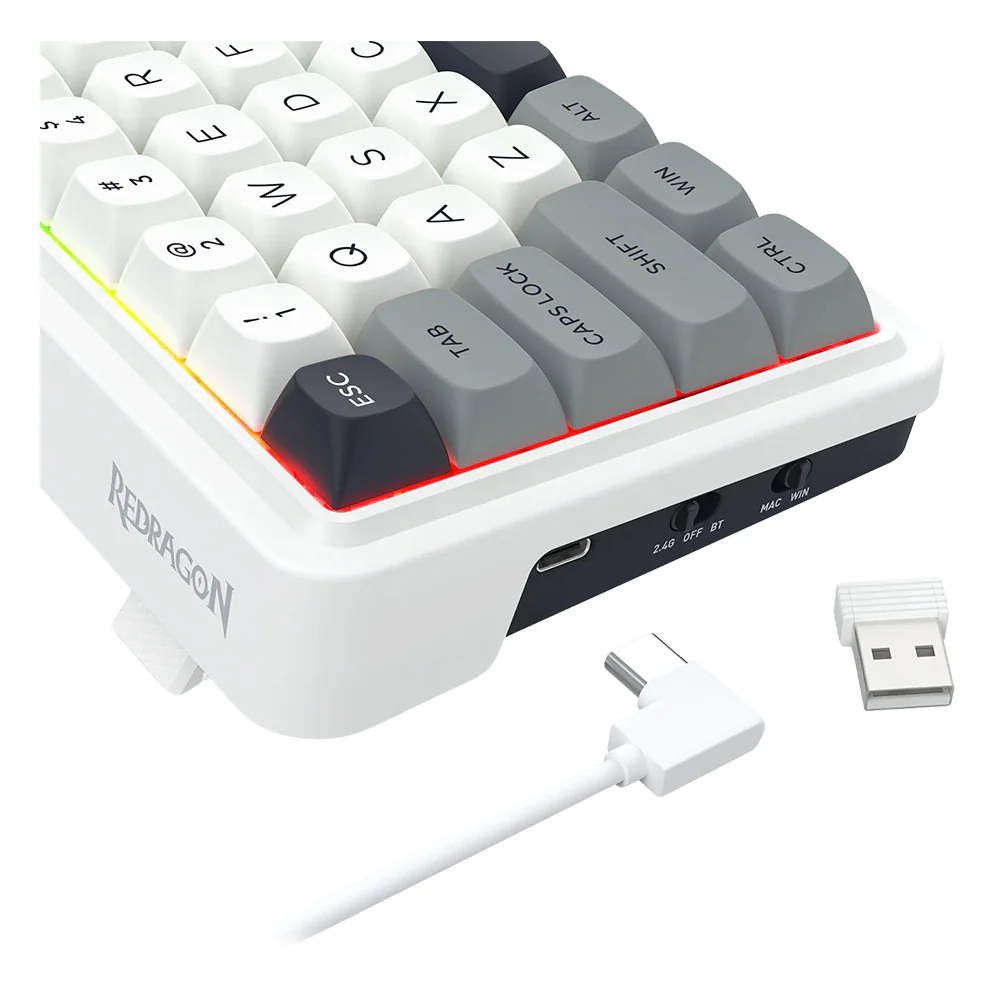 Keyboard Redragon Ironguard PRO , RGB , 60% with 61 keys , Hot-Swappable Dragon Chant switches , Wireless/Bluetooth/Wired , White & Blue Mixed Keycaps , K722WGP - Image 2