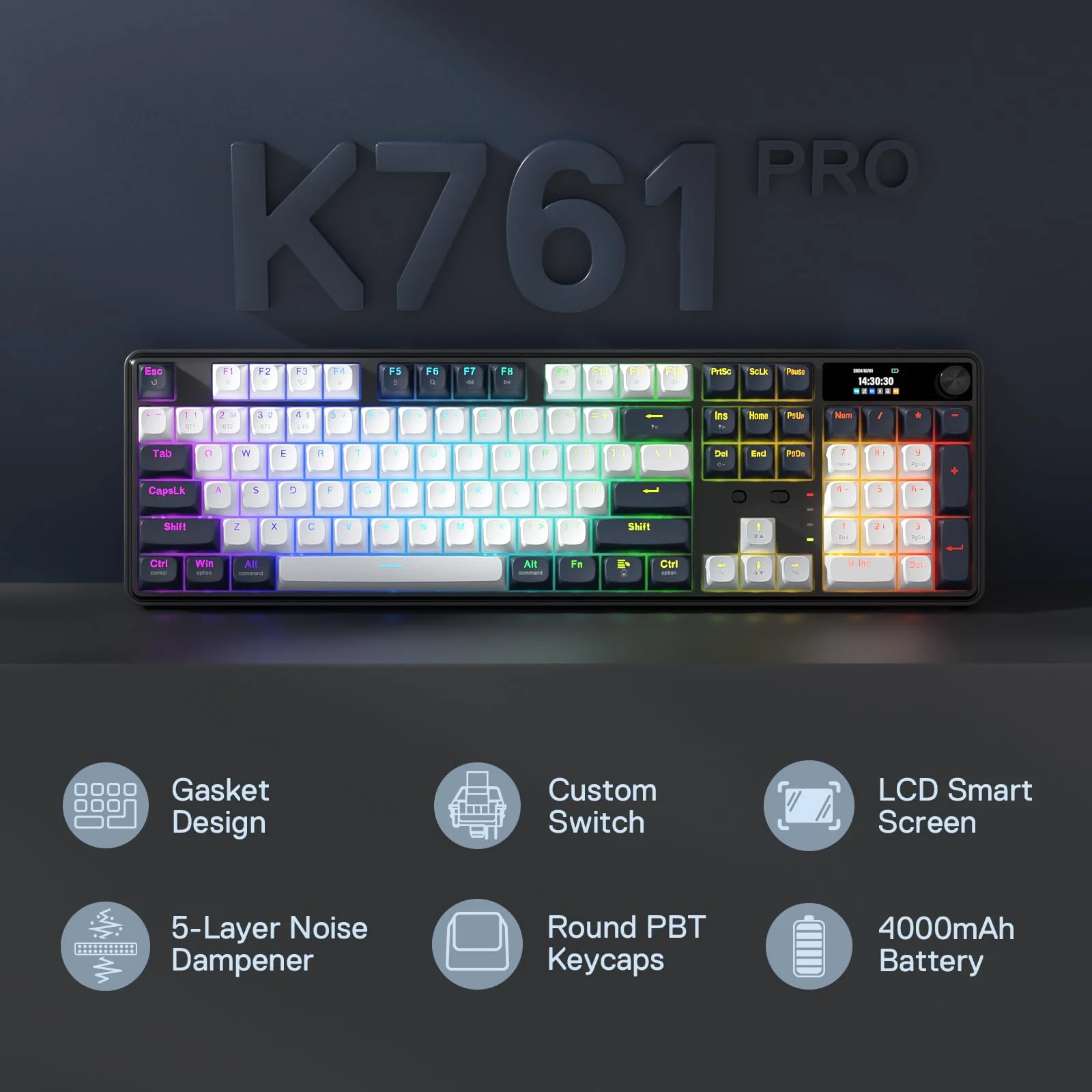 Keyboard Redragon Wyvern LCD Pro K761-WB , Wireless/Wired/Bluetooth , Black - Image 2