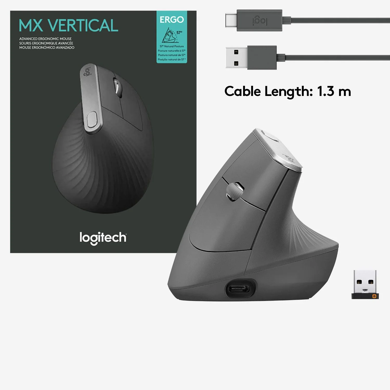 Mouse Logitech MX Vertical Wireless + Bluetooth , Graphite , 910-005448 - Image 3