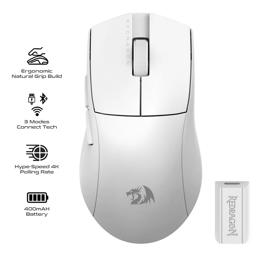 Mouse Redragon M916 PRO 1K , up to 26K DPI , 49 gram Lightweight , 3-Mode Wireless/Bluetooth/Wired Gaming Mouse , White , M916W-PRO-1K - Image 2