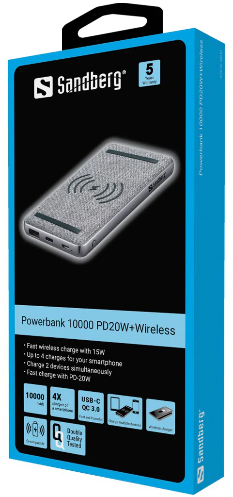 Power Bank 10,000mAh Sandberg with Wireless Charging , QC3.0 , 1x USB-A 1x USB-C , Gray , 420-61 - Image 2