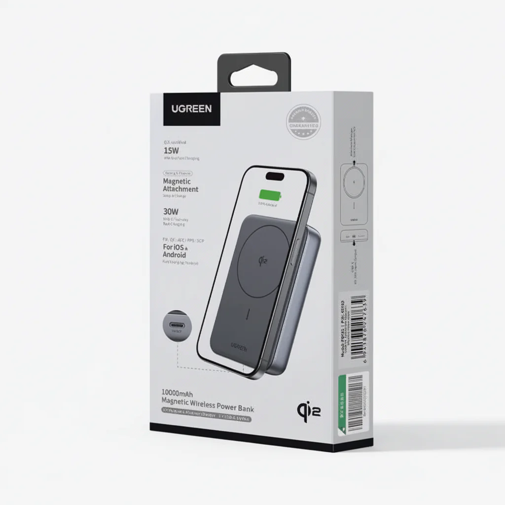 Power Bank 10,000mAh Ugreen Qi2 Magnetic Wireless Charging up to 15W , 1x USB-C 30W PD Input/Output , Black , Model PB761 , 45763