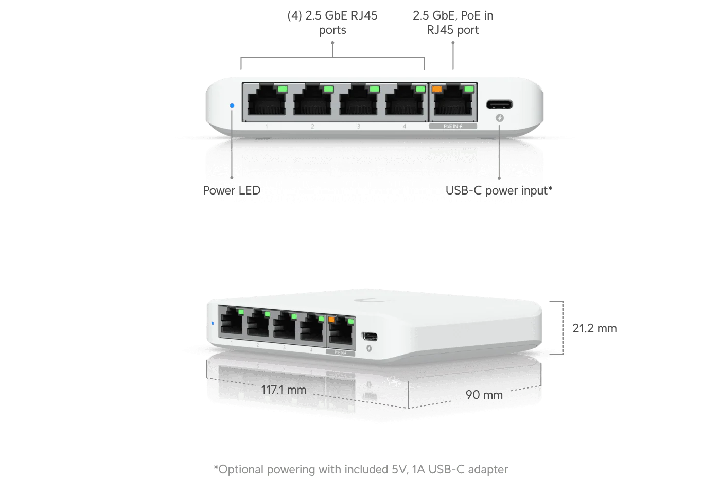 Switch 5 Ports Ubiquiti UniFi USW Flex Mini 2.5G , 5x 2.5 Gigabit Ethernet RJ45 100/1000/2500  1x PoE port  , Managed , USW-Flex-2.5G-5 - Image 3